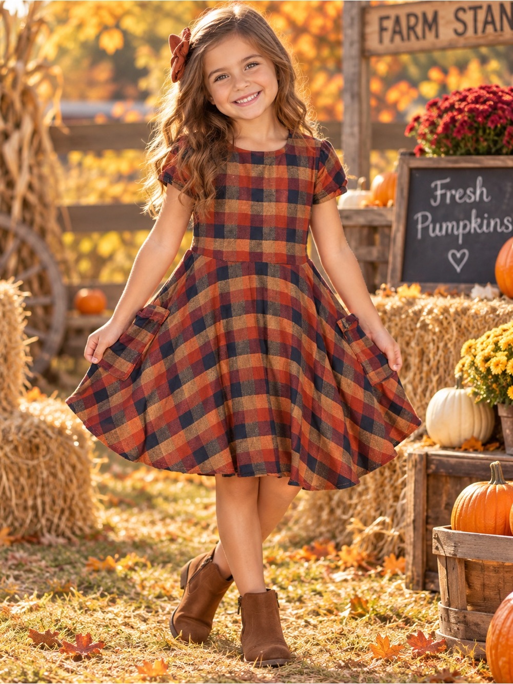 Girls Plaid Pocket Dress in Rust & Navy